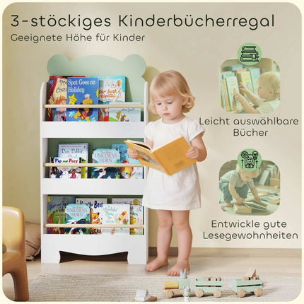 Children's Bookshelf, 3-Tier Bear-Themed, 55x15x110 cm, Green