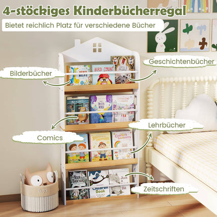 Children's Bookshelf House-Shaped, 4-Tier, Anti-Fall Safety