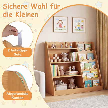 Children's Bookshelf with 4 Shelves & Hidden Storage, Wood