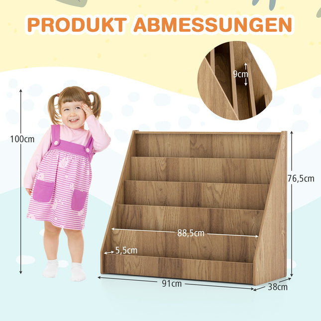 Children's Bookshelf with 5 Compartments – Natural Wood