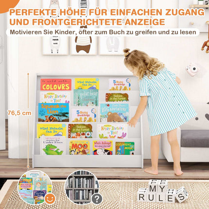Children's Bookshelf with 5 Shelves, White, Safe Design