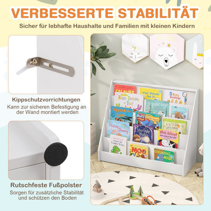 Children's Bookshelf with 5 Shelves, White, Safe Design