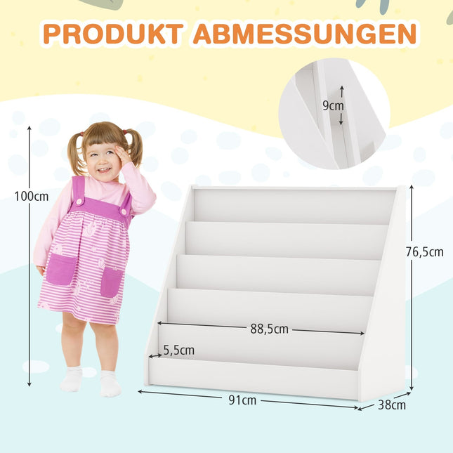 Children's Bookshelf with 5 Shelves, White, Safe Design