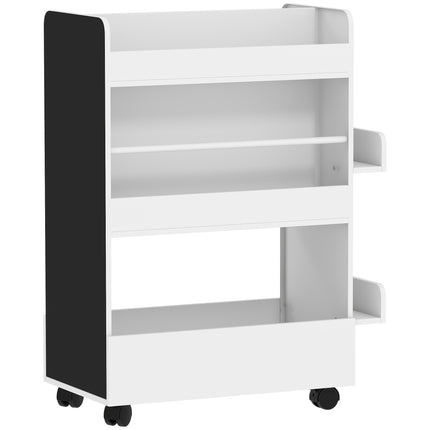 Children's Bookshelf with Chalkboard and Wheels, White