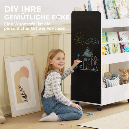 Children's Bookshelf with Chalkboard and Wheels, White