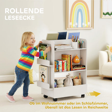 Children's Bookshelf with Chalkboard and Wheels, White