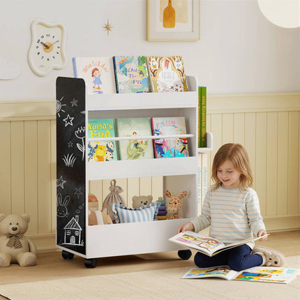Children's Bookshelf with Chalkboard and Wheels, White