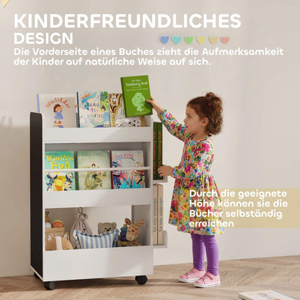 Children's Bookshelf with Chalkboard and Wheels, White