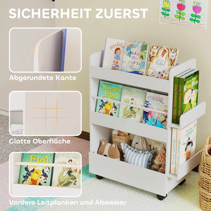Children's Bookshelf with Chalkboard and Wheels, White