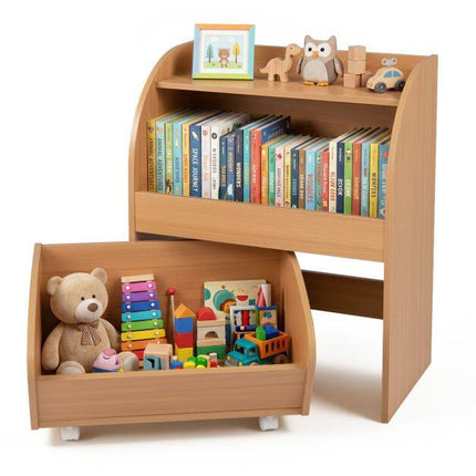 Children's Bookshelf with Drawer & Open Shelves, Natural Wood