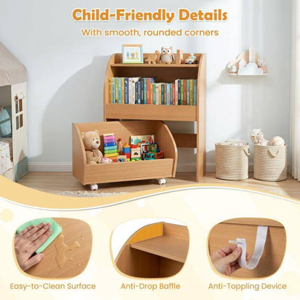 Children's Bookshelf with Drawer & Open Shelves, Natural Wood