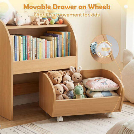 Children's Bookshelf with Drawer & Open Shelves, Natural Wood