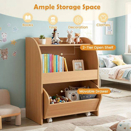 Children's Bookshelf with Drawer & Open Shelves, Natural Wood