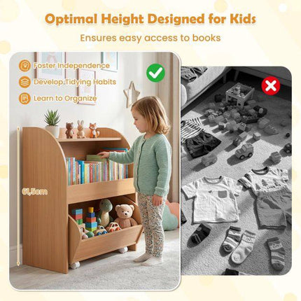 Children's Bookshelf with Drawer & Open Shelves, Natural Wood