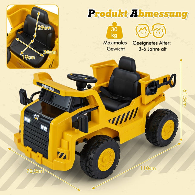 Children's Caterpillar electric car 12V dump truck to sit on with sand shovel & tipping bed & megaphone