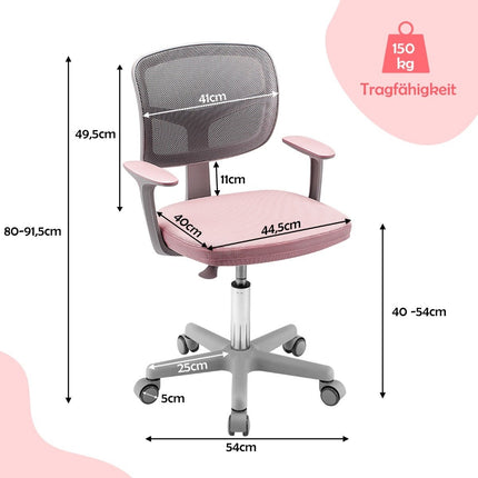 Children's Computer Chair with Adjustable Height & Self-Locking Wheels for 3-10 Years Children Pink