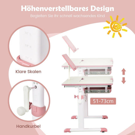 Children's Desk 51-73cm Height Adjustable Student Desk with Tiltable Table Top (Pink Table)