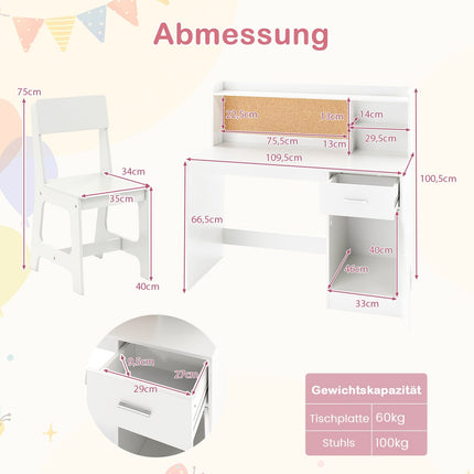 Children's Desk & Chair Set with Shelves & Drawer, White