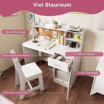 Children's Desk & Chair Set with Shelves & Drawer, White