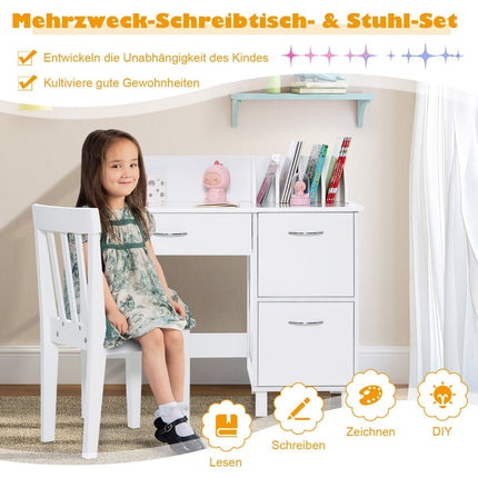 Children's Desk and Chair Set Study Table with Drawer and Storage Cabinets White