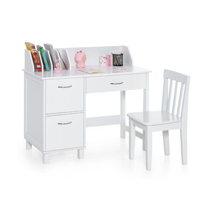 Children's Desk and Chair Set Study Table with Drawer and Storage Cabinets White
