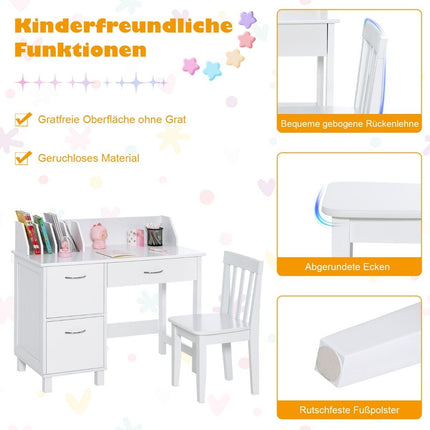 Children's Desk and Chair Set Study Table with Drawer and Storage Cabinets White