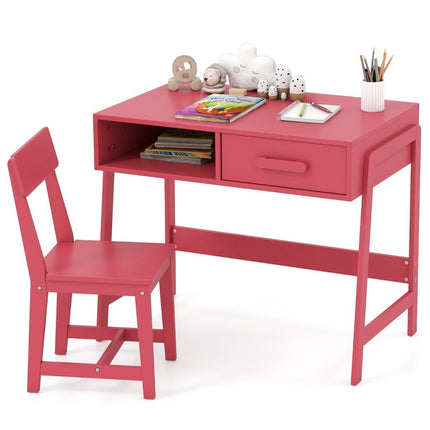 Children's Desk and Chair Set with Drawer, Pink Wood