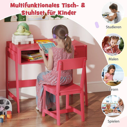 Children's Desk and Chair Set with Drawer, Pink Wood