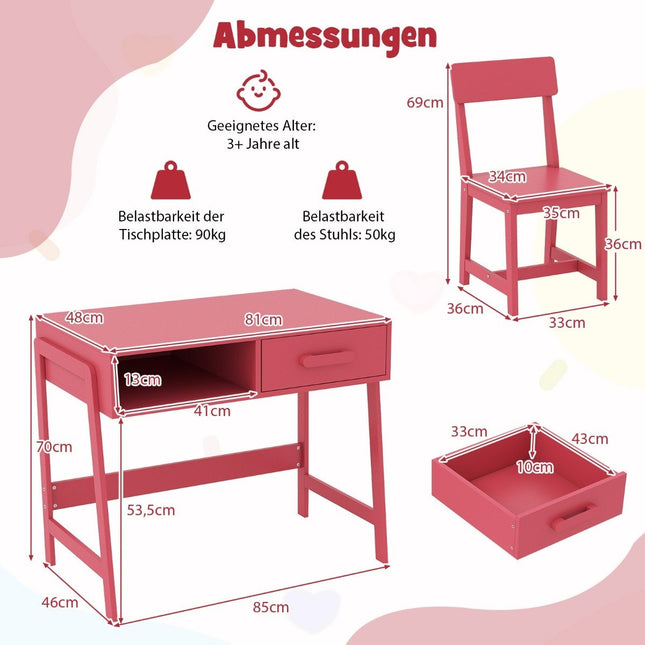 Children's Desk and Chair Set with Drawer, Pink Wood