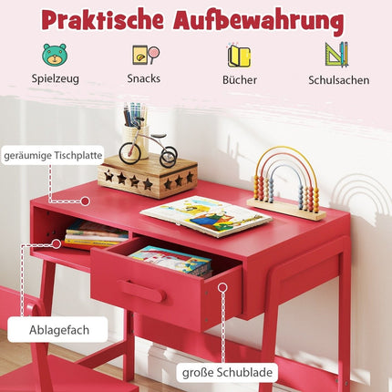 Children's Desk and Chair Set with Drawer, Pink Wood