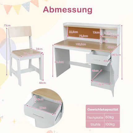 Children's Desk and Chair Set with Storage Shelves