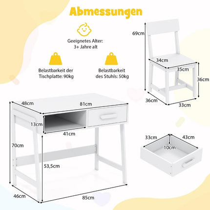 Children's Desk and Chair Set with Storage, White