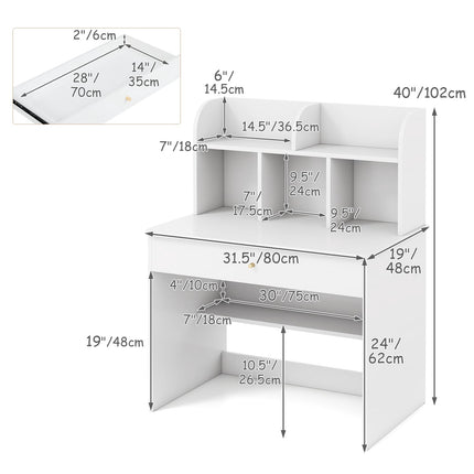 Children's Desk with Drawer & Storage, White Wood