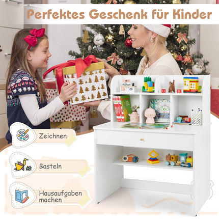 Children's Desk with Drawer & Storage, White Wood