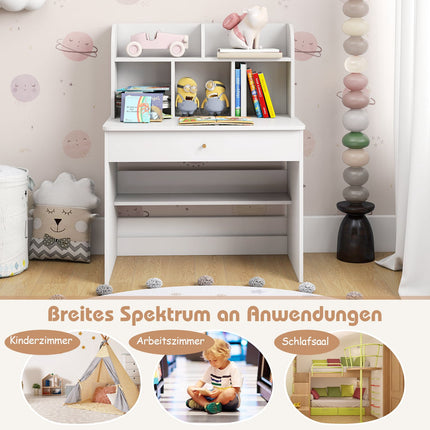 Children's Desk with Drawer & Storage, White Wood