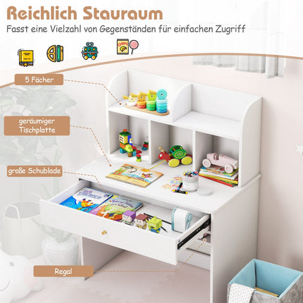 Children's Desk with Drawer & Storage, White Wood