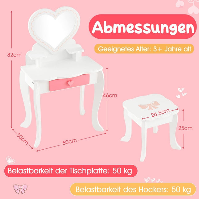 Children's Dressing Table Set with ♡Heart Shaped Mirror & Stool & Drawer & Accessories