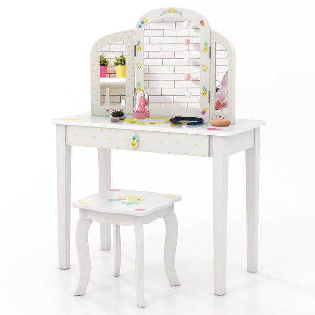 Children's Dressing Table and Chair Set Children's Dressing Table with Triple Folding Mirror White
