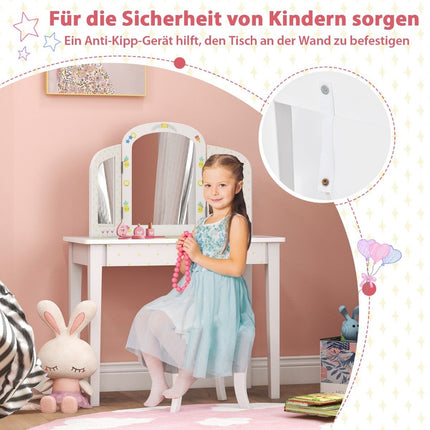 Children's Dressing Table and Chair Set Children's Dressing Table with Triple Folding Mirror White