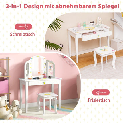 Children's Dressing Table and Chair Set Children's Dressing Table with Triple Folding Mirror White