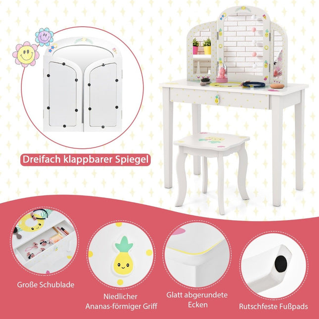 Children's Dressing Table and Chair Set Children's Dressing Table with Triple Folding Mirror White