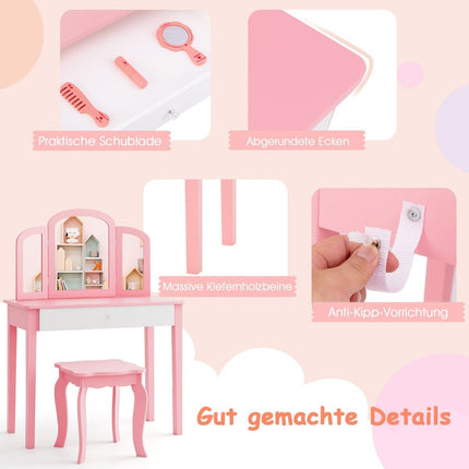 Children's Dressing Table and Chair Set Dressing Table Set with Folding Mirror & Drawer Pink + White