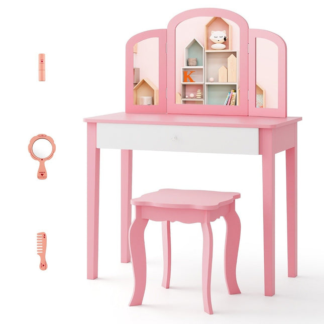 Children's Dressing Table and Chair Set Dressing Table Set with Folding Mirror & Drawer Pink + White