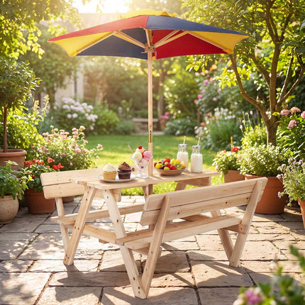 Children's Fir Wood Picnic Table Set with Adjustable Parasol