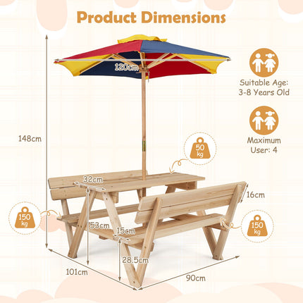 Children's Fir Wood Picnic Table Set with Adjustable Parasol
