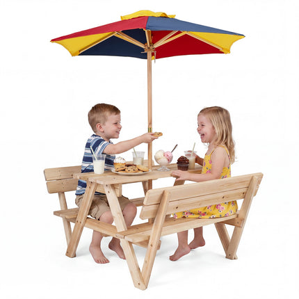 Children's Fir Wood Picnic Table Set with Adjustable Parasol