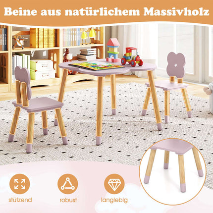 Children's Flower-Shaped Table Set, Pink, Wood, 1 Table + 2 Chairs