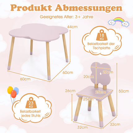 Children's Flower-Shaped Table Set, Pink, Wood, 1 Table + 2 Chairs