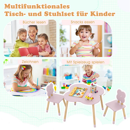 Children's Flower-Shaped Table Set, Pink, Wood, 1 Table + 2 Chairs