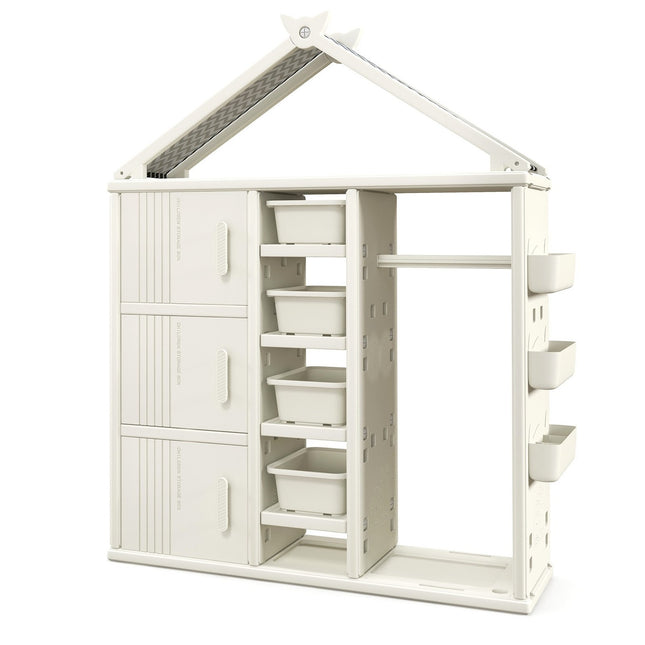Kinderkast in de vorm van een huis met kledingstang